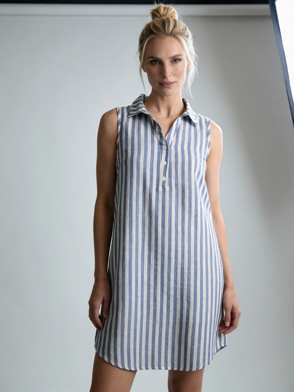 SHEIN Blue and White Striped Sleeveless Collared Swim Cover-Up